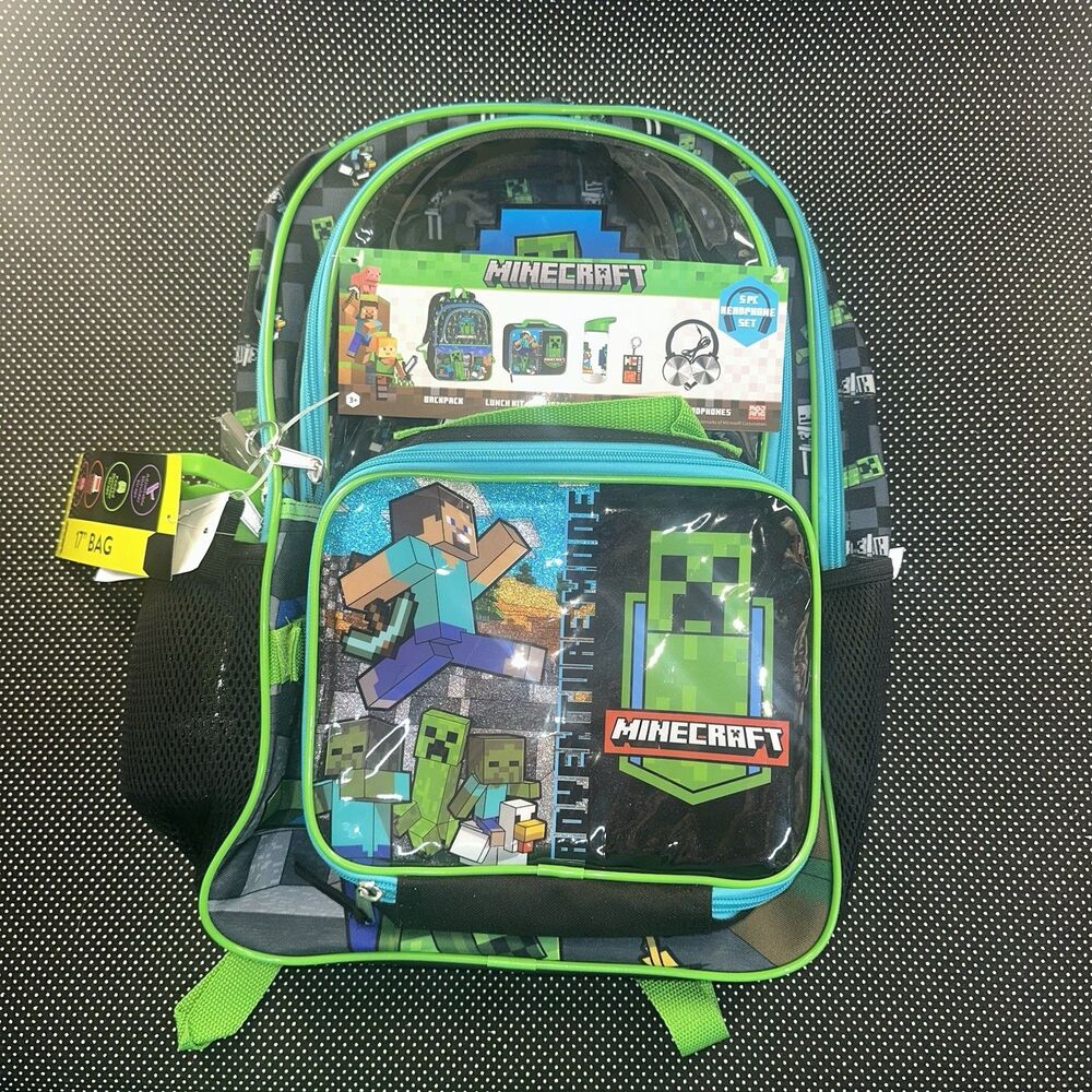 Minecraft 17" Backpack with Lunch Kit, Headphones, Key Chain and Water Bottle